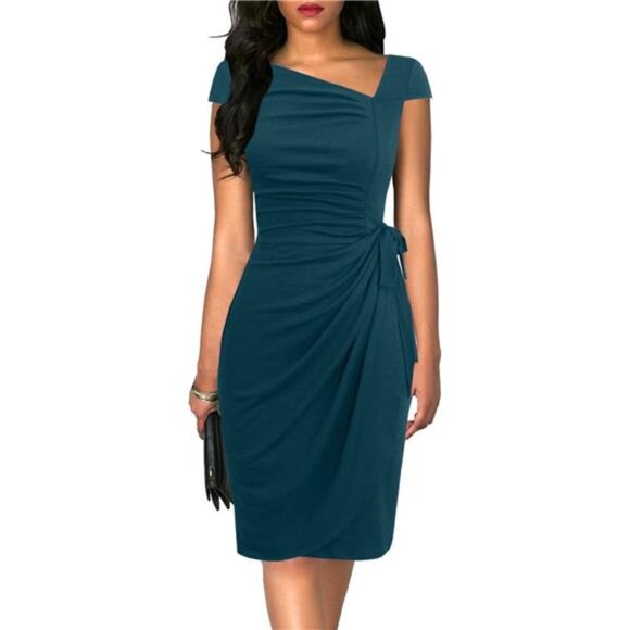 Dresses & Skirts - Women's Vintage Cap Sleeves Pencil Faux Wrap Dresses Teal